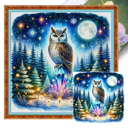 Owl On Gemstone Under Moonlit Night - 11CT Stamped Cross Stitch 40*40CM