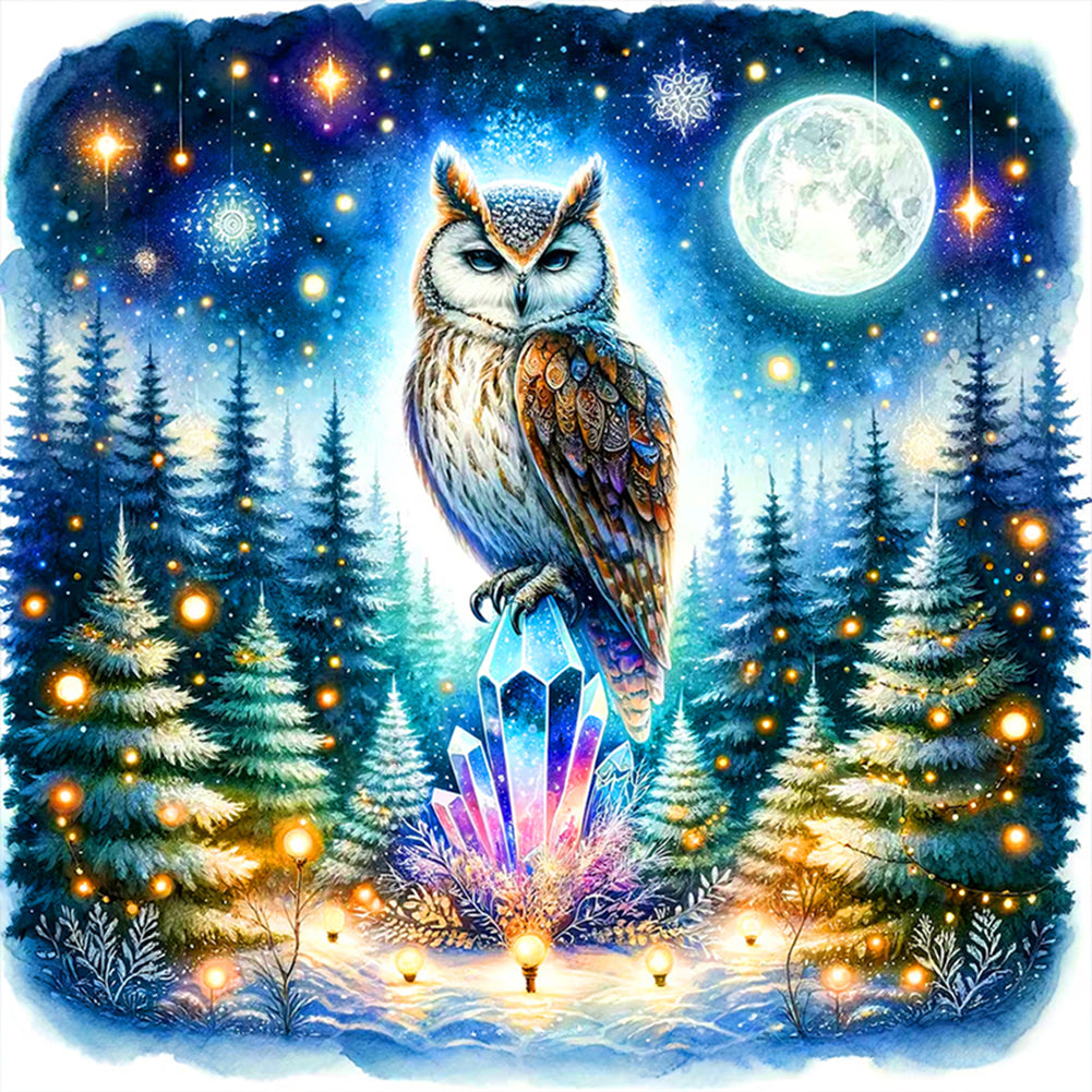 Owl On Gemstone Under Moonlit Night - 11CT Stamped Cross Stitch 40*40CM