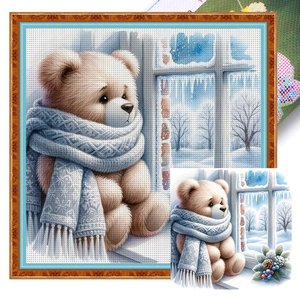 Little Bear By The Window In Winter - 11CT Stamped Cross Stitch 40*40CM