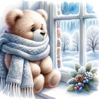 Little Bear By The Window In Winter - 11CT Stamped Cross Stitch 40*40CM