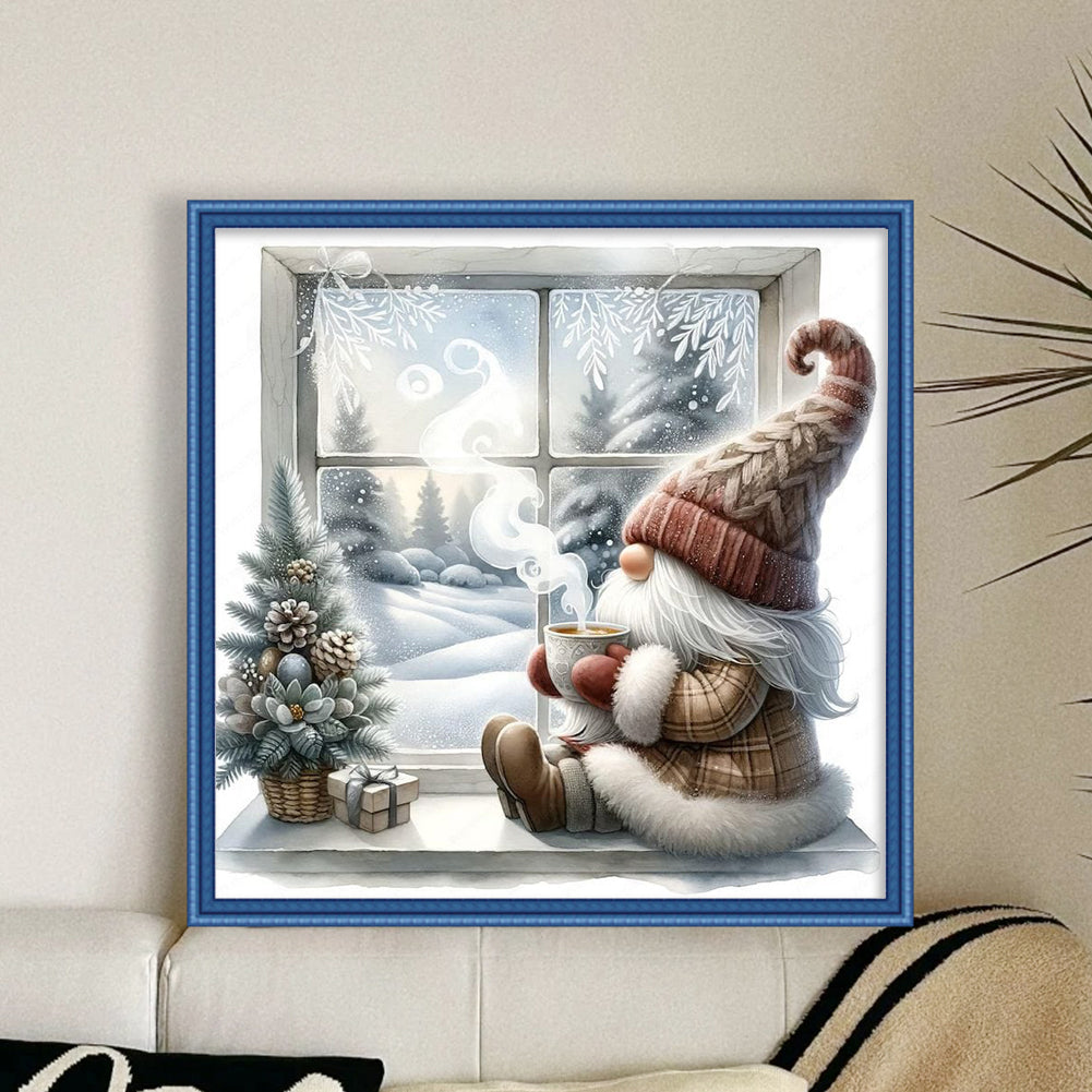 Gnome By The Window In Winter - 11CT Stamped Cross Stitch 40*40CM