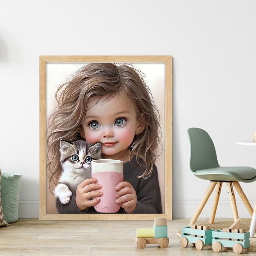 Little Girl And Kitten - 11CT Counted Cross Stitch 40*50CM