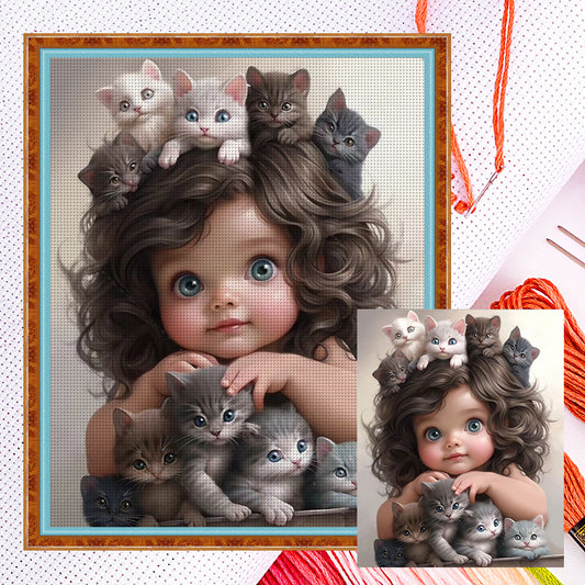 Little Girl And Many Cats - 11CT Counted Cross Stitch 40*50CM