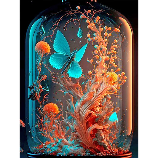 Blue Butterfly And Fantasy Plants In Jar - Full Round Drill Diamond Painting 30*40CM