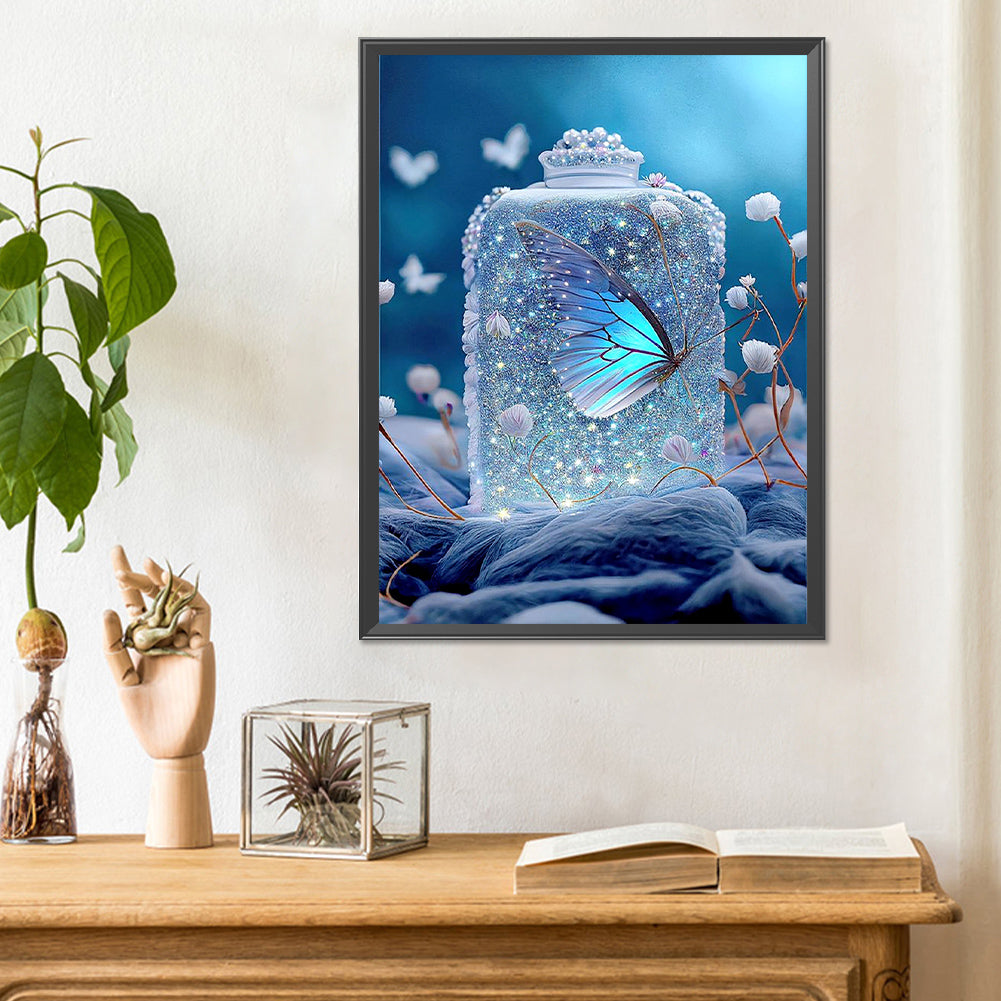 Blue Beautiful Butterfly In Jar - Full Round Drill Diamond Painting 30*40CM