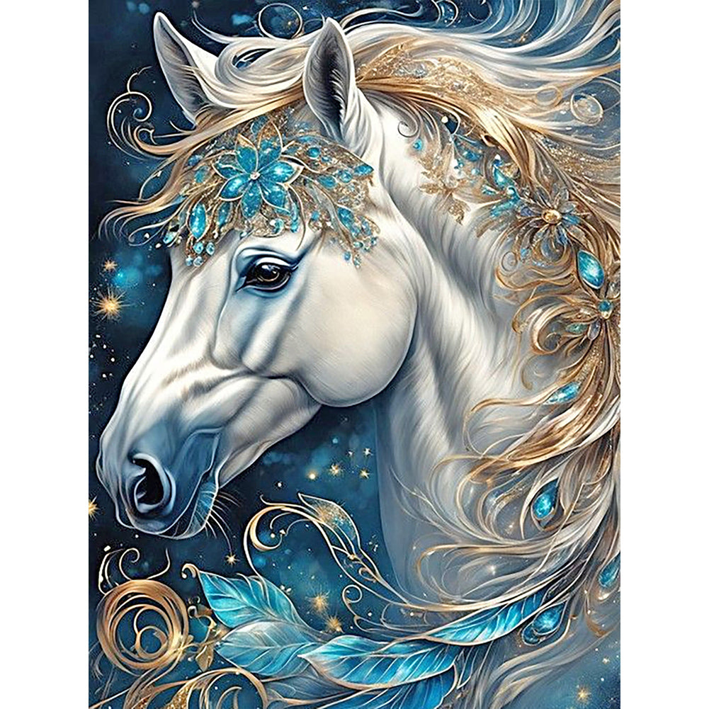 White Horse Head With Sapphire Decoration - Full Round Drill Diamond Painting 30*40CM