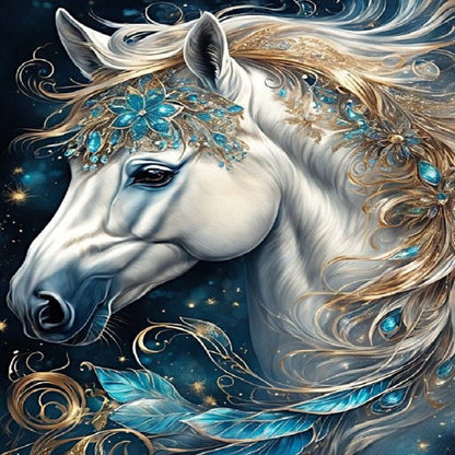 White Horse Head With Sapphire Decoration - Full Round Drill Diamond Painting 30*40CM