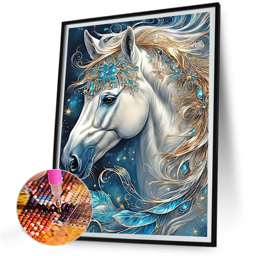 White Horse Head With Sapphire Decoration - Full Round Drill Diamond Painting 30*40CM