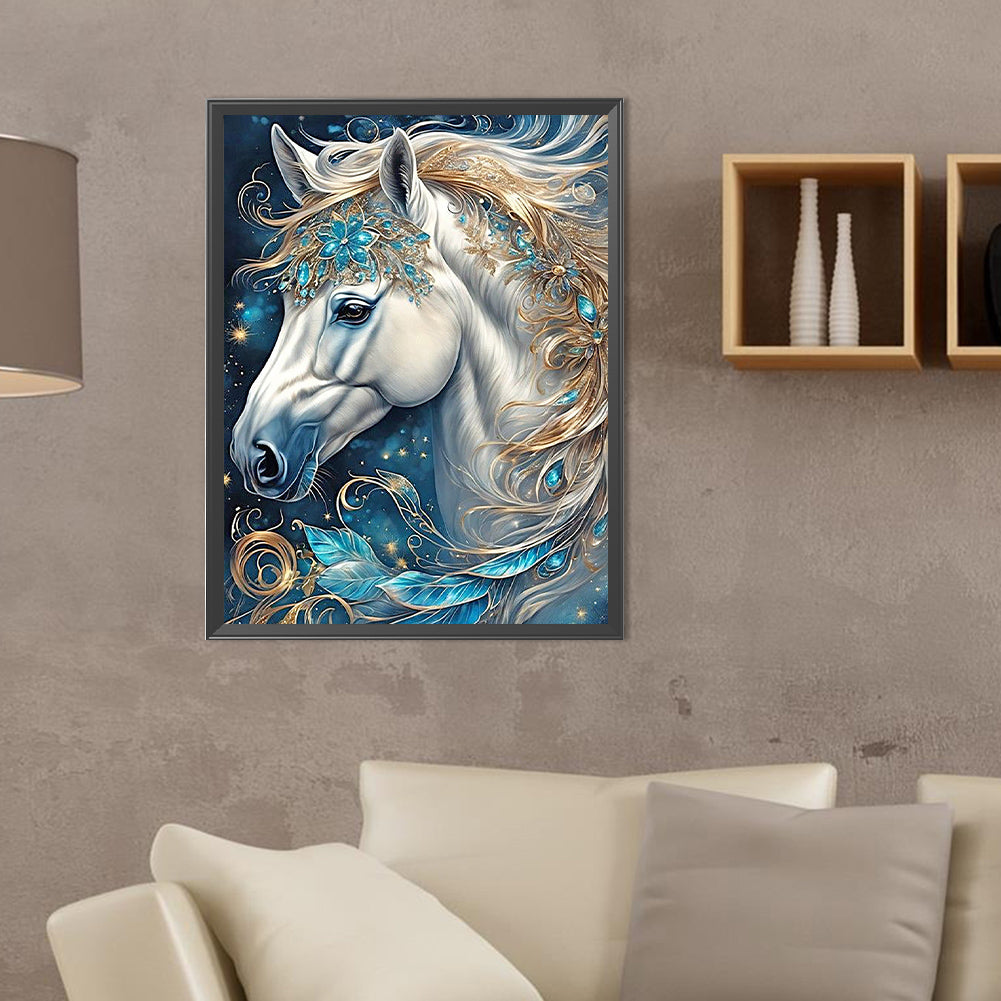 White Horse Head With Sapphire Decoration - Full Round Drill Diamond Painting 30*40CM