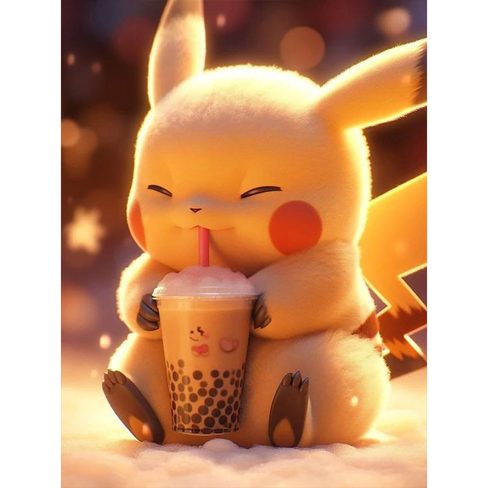 Pikachu Drinking Milk Tea - Full Round Drill Diamond Painting 30*40CM