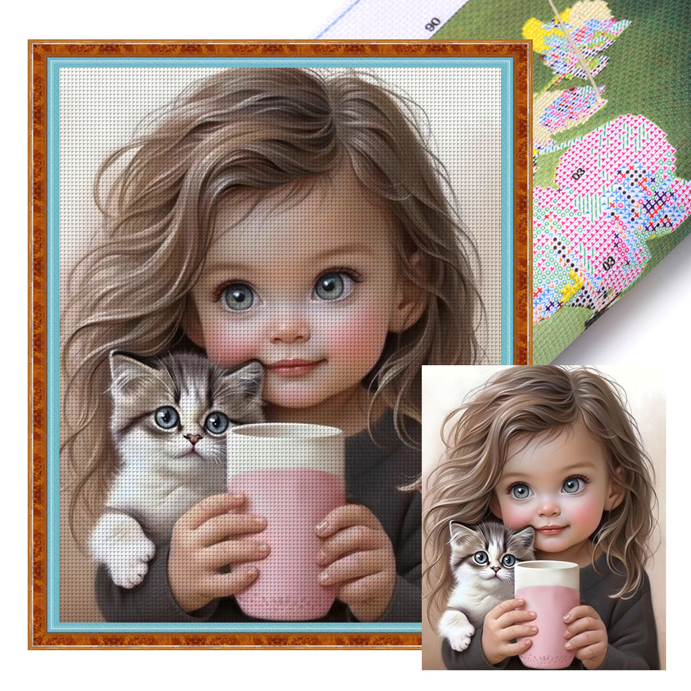 Little Girl And Kitten - 11CT Stamped Cross Stitch 40*50CM