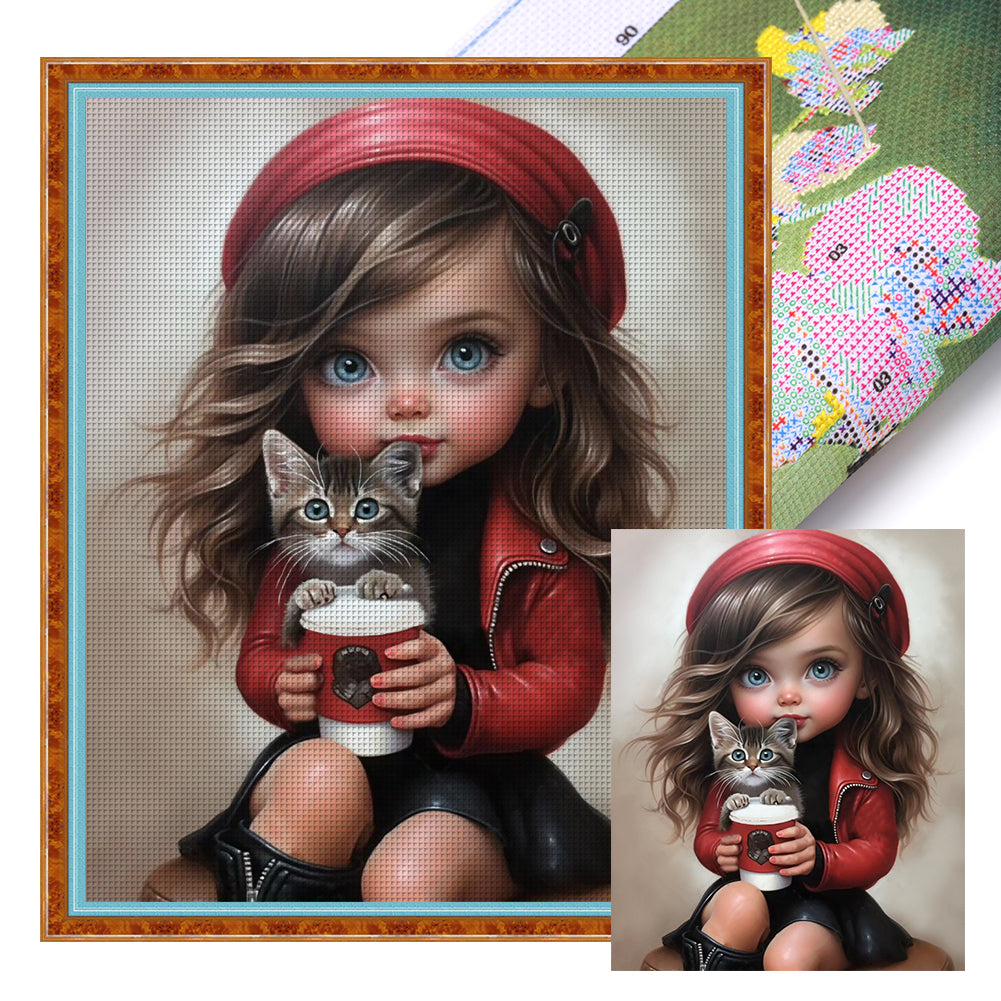 Little Girl And Kitten - 11CT Stamped Cross Stitch 40*50CM