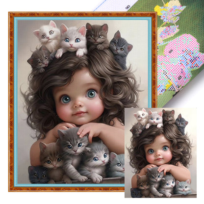 Little Girl And Cat - 11CT Stamped Cross Stitch 40*50CM