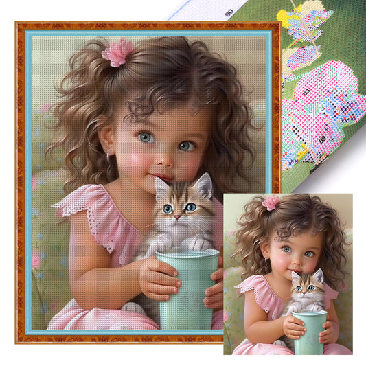 Little Girl And Kitten - 11CT Stamped Cross Stitch 40*50CM