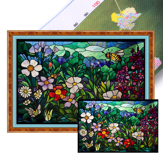 Glass Painting-Flowers - 11CT Stamped Cross Stitch 60*40CM