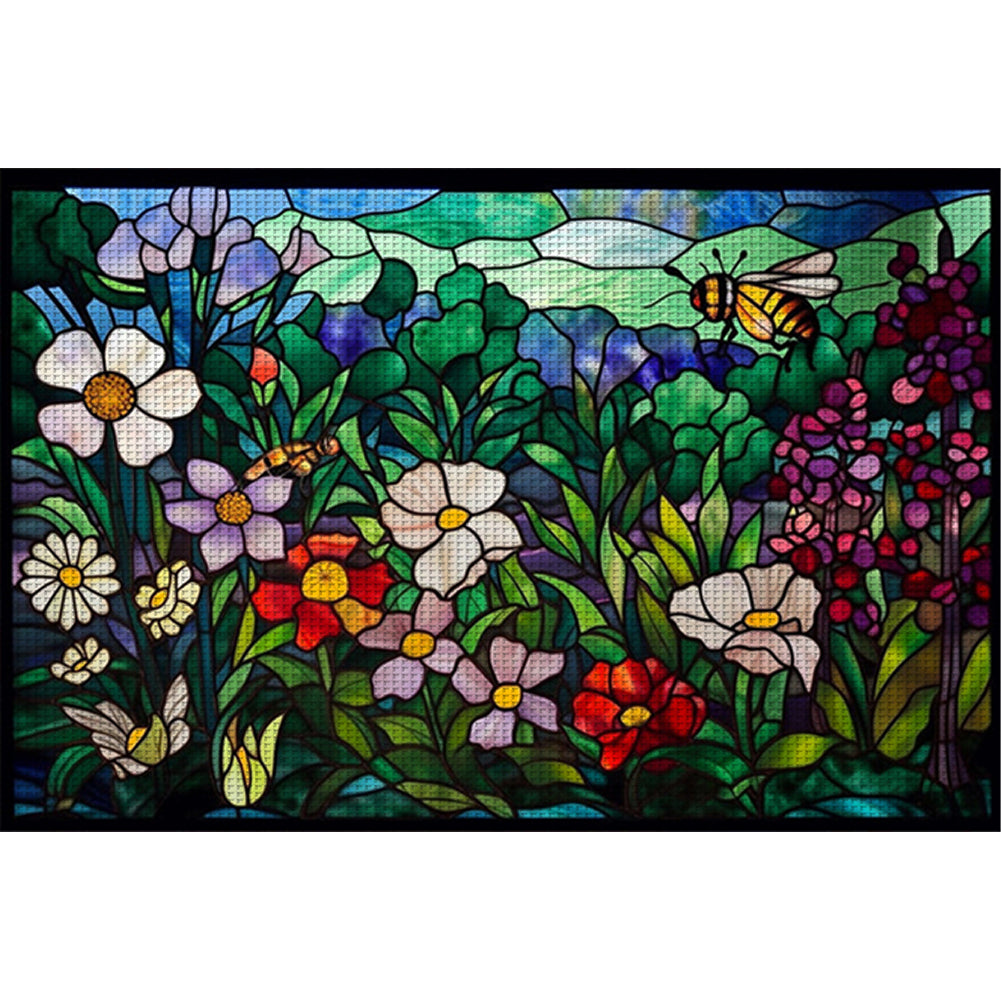 Glass Painting-Flowers - 11CT Stamped Cross Stitch 60*40CM