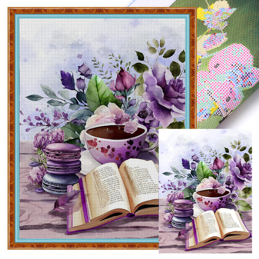 Purple Lavender Book Coffee - 11CT Stamped Cross Stitch 40*53CM