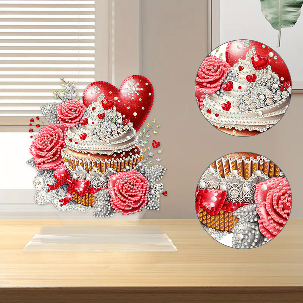 Acrylic Desktop 5D Diamond Art Kit Home Bedroom Table Decor (Love Rose Cupcake)