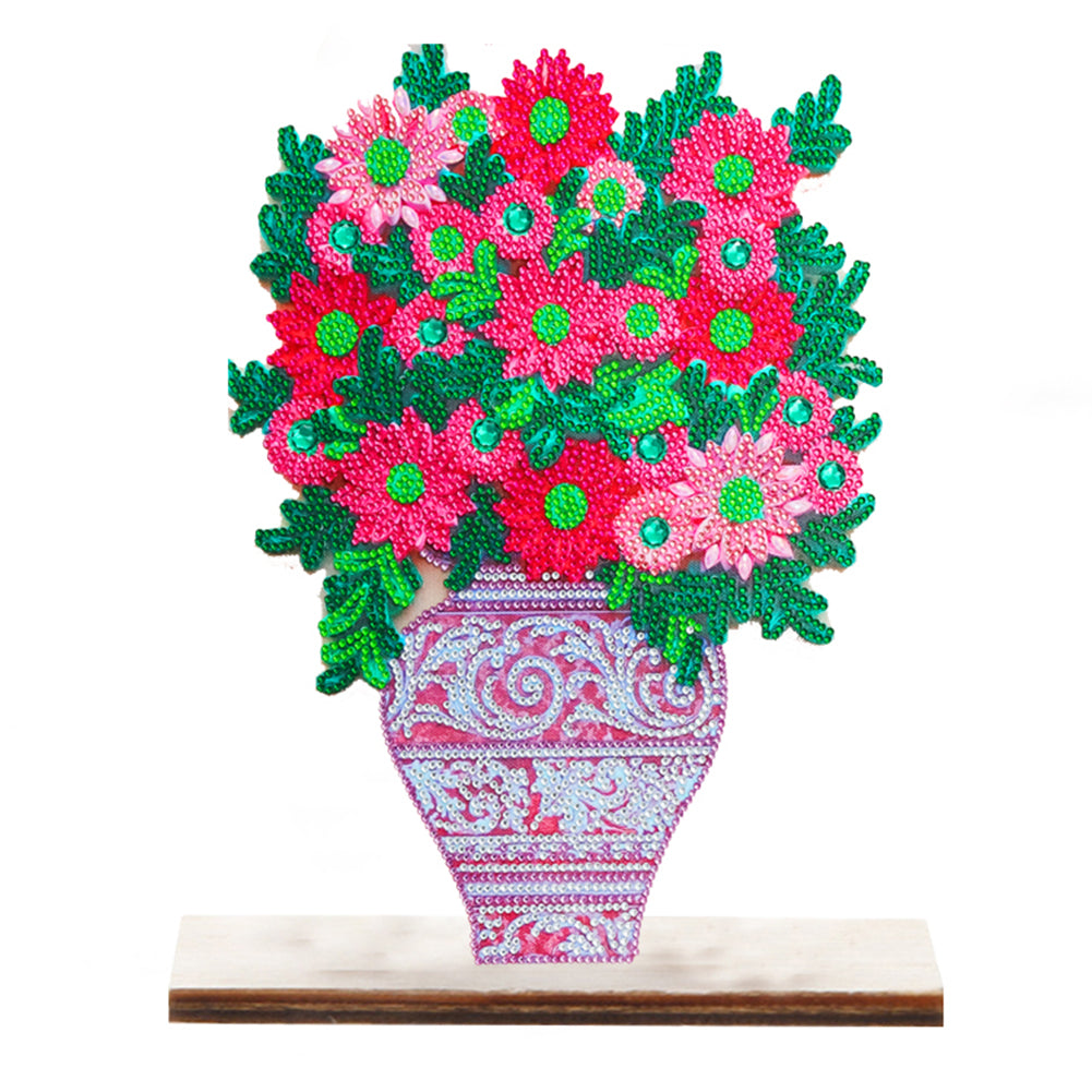 Special Shape Single-Side Desktop Diamond Art Decor (Pink Vase With Flowers)