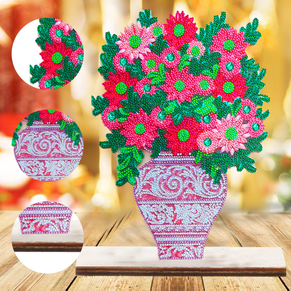 Special Shape Single-Side Desktop Diamond Art Decor (Pink Vase With Flowers)