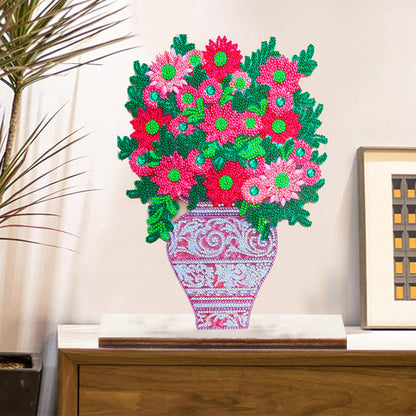 Special Shape Single-Side Desktop Diamond Art Decor (Pink Vase With Flowers)