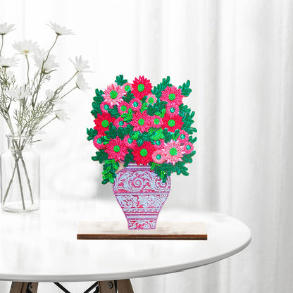 Special Shape Single-Side Desktop Diamond Art Decor (Pink Vase With Flowers)