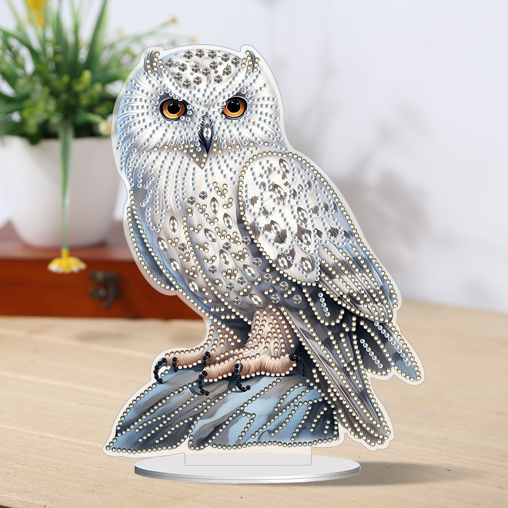 White Head Owl Special Shape Desktop Diamond Art Desktop Decor (Owl on Stone)