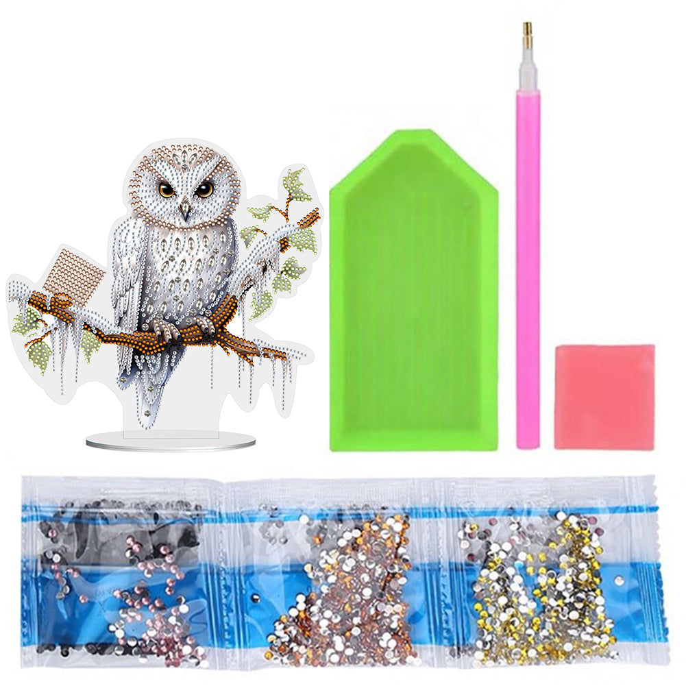 White Head Owl Special Shape Desktop Diamond Art Desktop Decor (Owl on Branches)