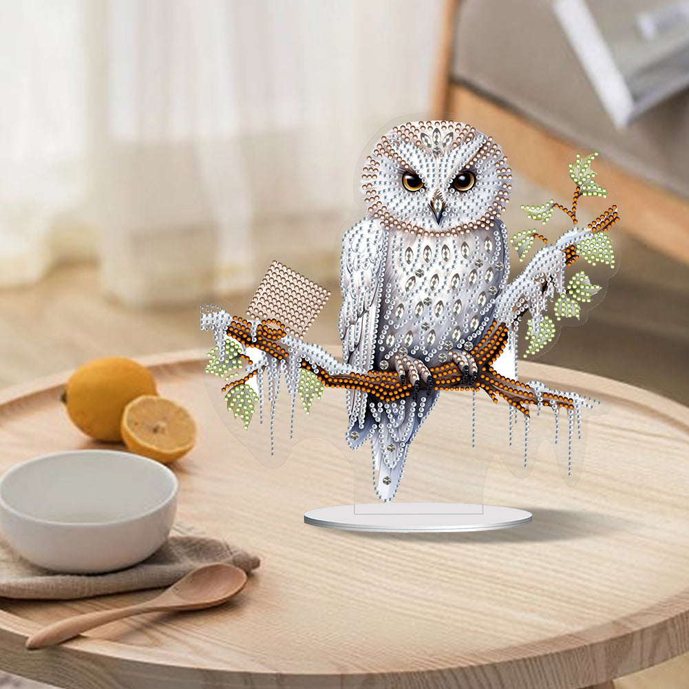 White Head Owl Special Shape Desktop Diamond Art Desktop Decor (Owl on Branches)