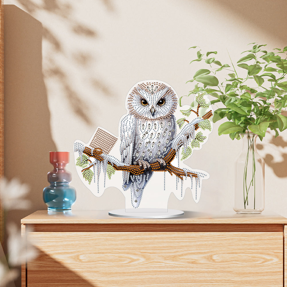 White Head Owl Special Shape Desktop Diamond Art Desktop Decor (Owl on Branches)