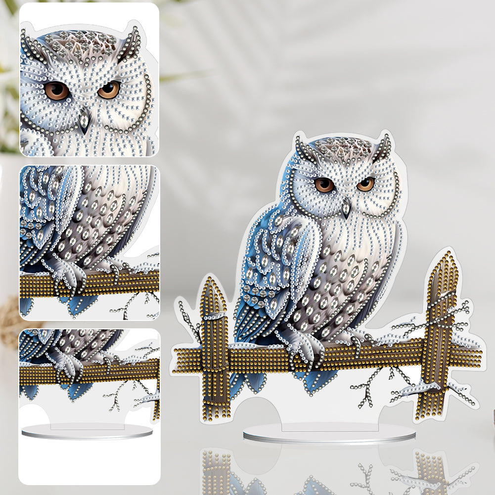 White Head Owl Special Shape Desktop Diamond Art Desktop Decor (Owl on Fences)