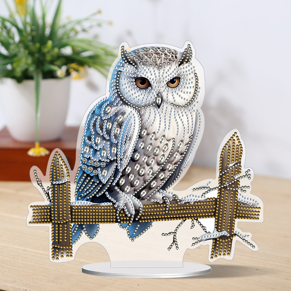 White Head Owl Special Shape Desktop Diamond Art Desktop Decor (Owl on Fences)