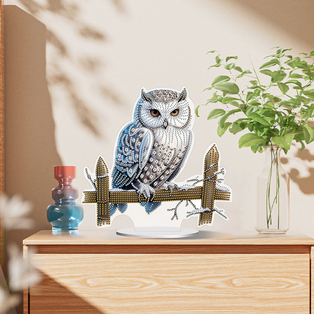 White Head Owl Special Shape Desktop Diamond Art Desktop Decor (Owl on Fences)