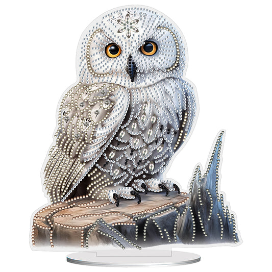 White Head Owl Special Shape Desktop Diamond Art Kit Desktop Decor (Owl on Wood)