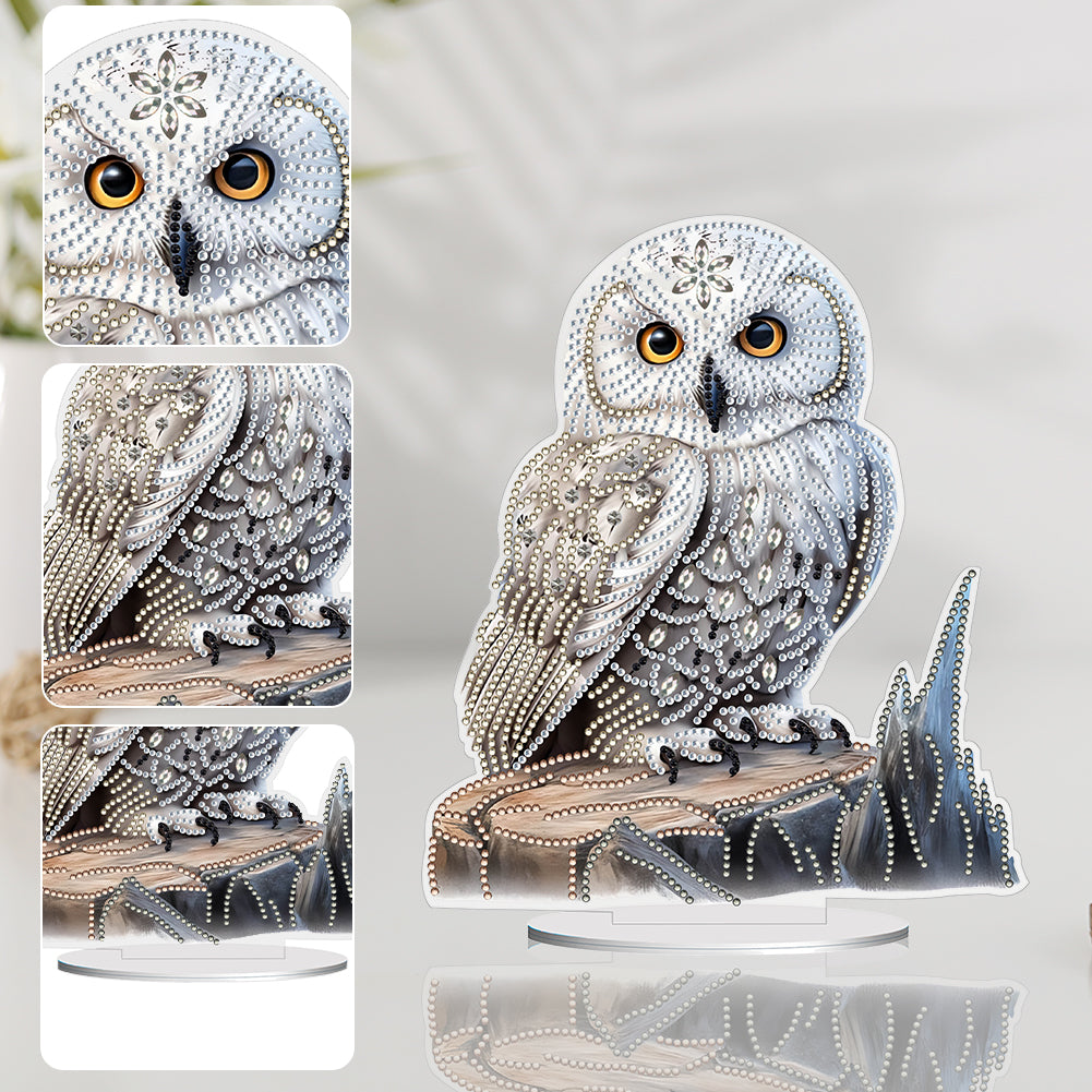 White Head Owl Special Shape Desktop Diamond Art Kit Desktop Decor (Owl on Wood)