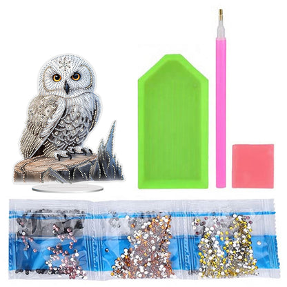 White Head Owl Special Shape Desktop Diamond Art Kit Desktop Decor (Owl on Wood)