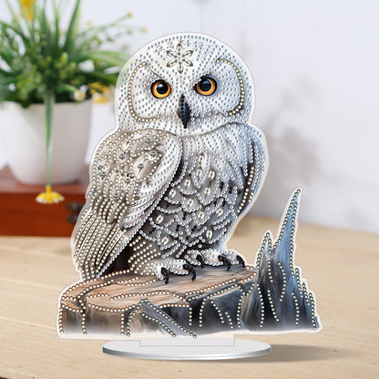 White Head Owl Special Shape Desktop Diamond Art Kit Desktop Decor (Owl on Wood)