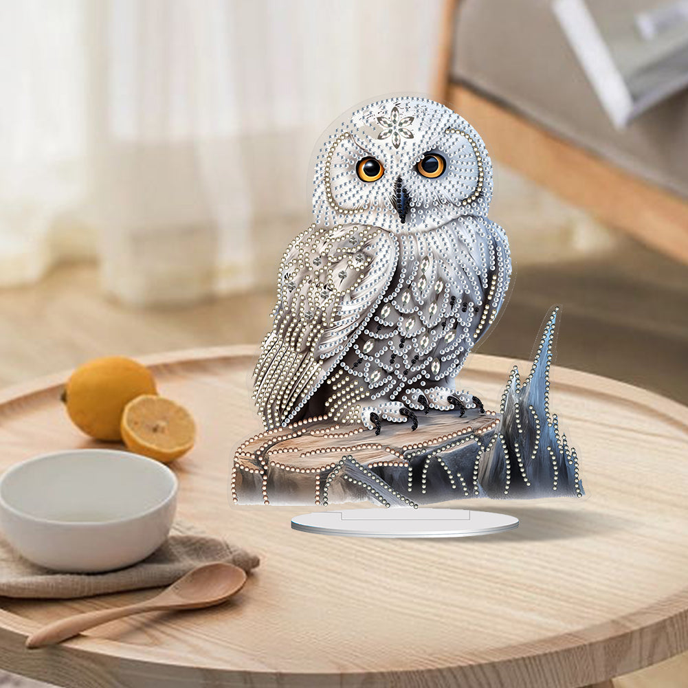 White Head Owl Special Shape Desktop Diamond Art Kit Desktop Decor (Owl on Wood)