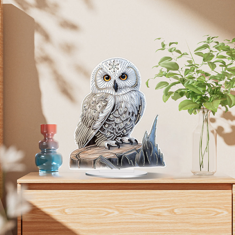 White Head Owl Special Shape Desktop Diamond Art Kit Desktop Decor (Owl on Wood)