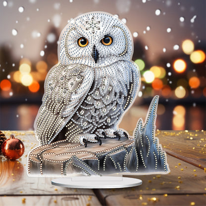 White Head Owl Special Shape Desktop Diamond Art Kit Desktop Decor (Owl on Wood)