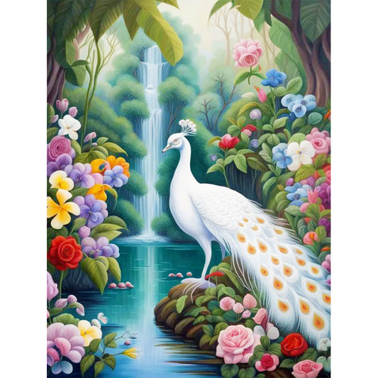White Peacock By Forest Lake - Full Round Drill Diamond Painting 30*40CM