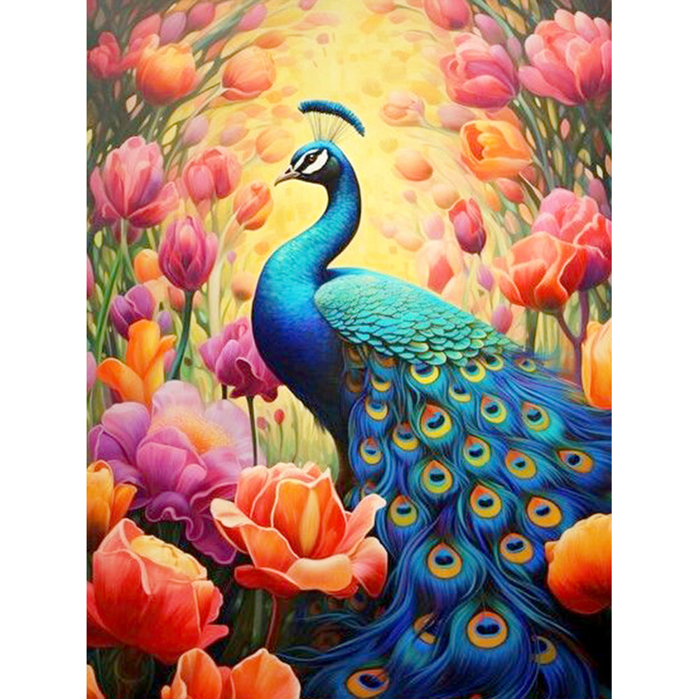 Blue Peacock Among Flowers - Full Round Drill Diamond Painting 30*40CM