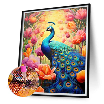 Blue Peacock Among Flowers - Full Round Drill Diamond Painting 30*40CM