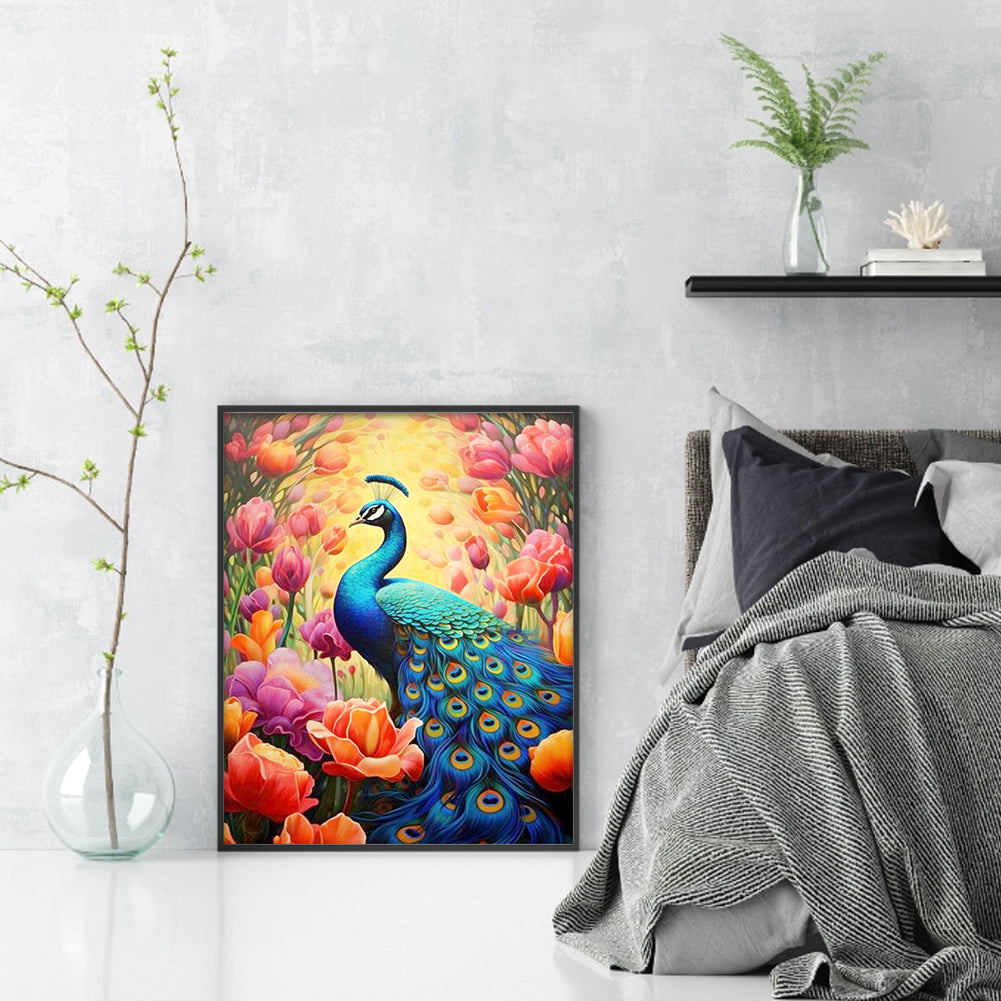 Blue Peacock Among Flowers - Full Round Drill Diamond Painting 30*40CM