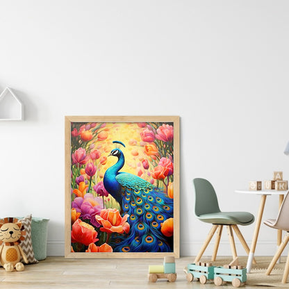 Blue Peacock Among Flowers - Full Round Drill Diamond Painting 30*40CM