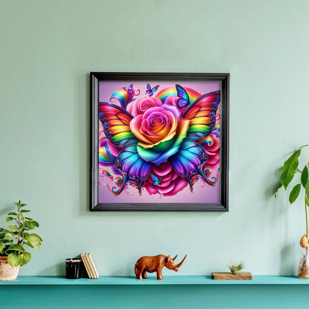 Rainbow Roses And Butterflies - Full Round Drill Diamond Painting 30*30CM