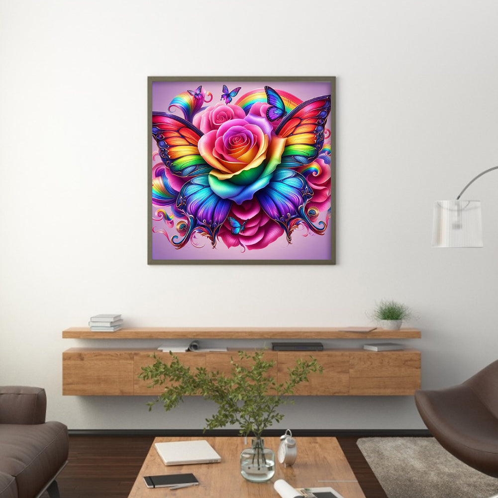 Rainbow Roses And Butterflies - Full Round Drill Diamond Painting 30*30CM