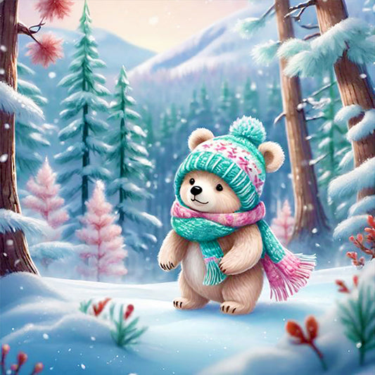 Little Bear In The Snow In The Forest - Full Round Drill Diamond Painting 30*30CM