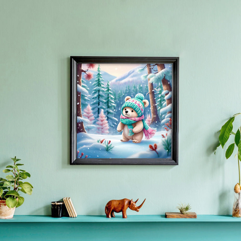 Little Bear In The Snow In The Forest - Full Round Drill Diamond Painting 30*30CM