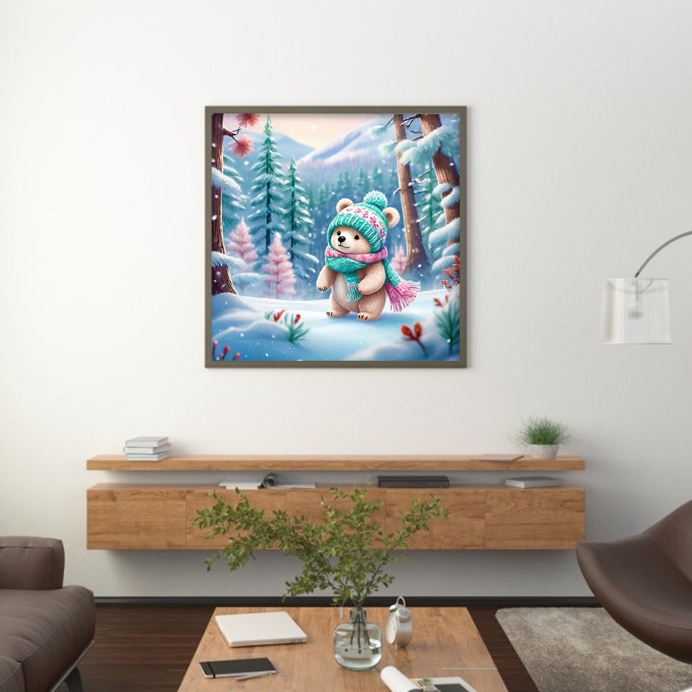 Little Bear In The Snow In The Forest - Full Round Drill Diamond Painting 30*30CM